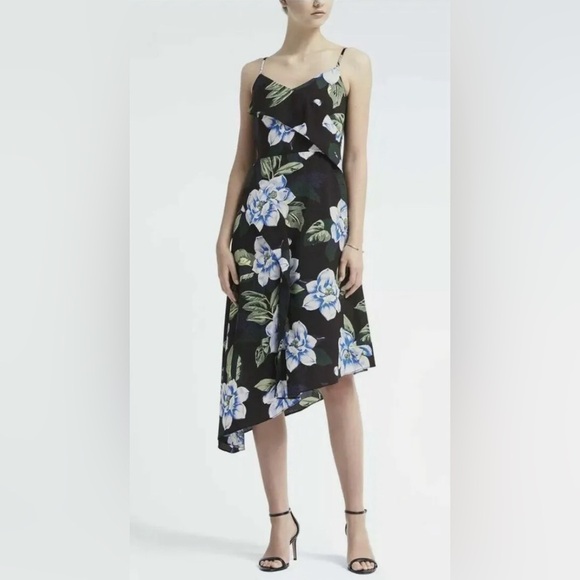 Banana Republic Black Strappy Blue Floral Asymmetrical Dress, Size 6 Petite - Picture 2 of 14